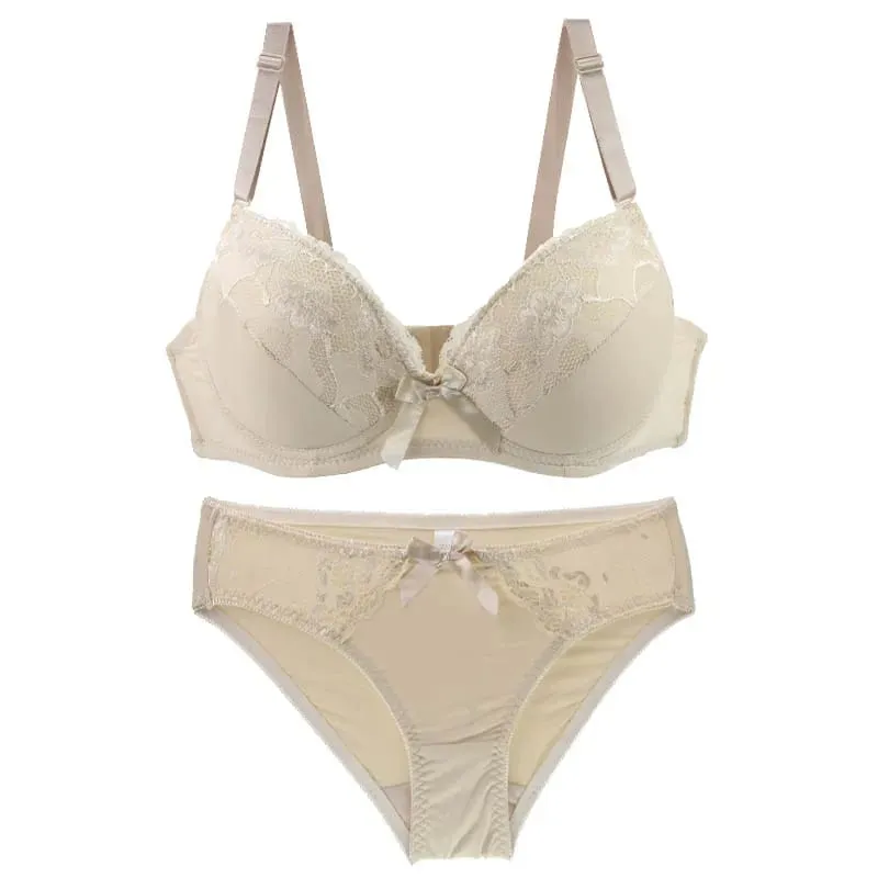 2021 New Sexy Push Up Bra Sets Intimates Lace Middle Mold Cup Thongs Underwear Solid Bow 70-105 BCDE Female Plus Size Lingerie