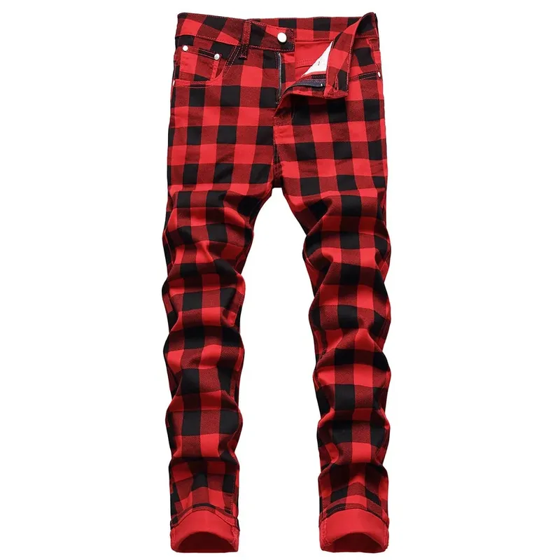 Men Red Plaid Printed Pants Fashion Slim Stretch Jeans Trendy Plus Size Straight Trousers — image 9