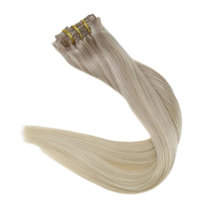 Full Shine Seamless Invisible Clip In Extensions Human Hair 8 Pcs 120g Remy Balayage Blonde Color