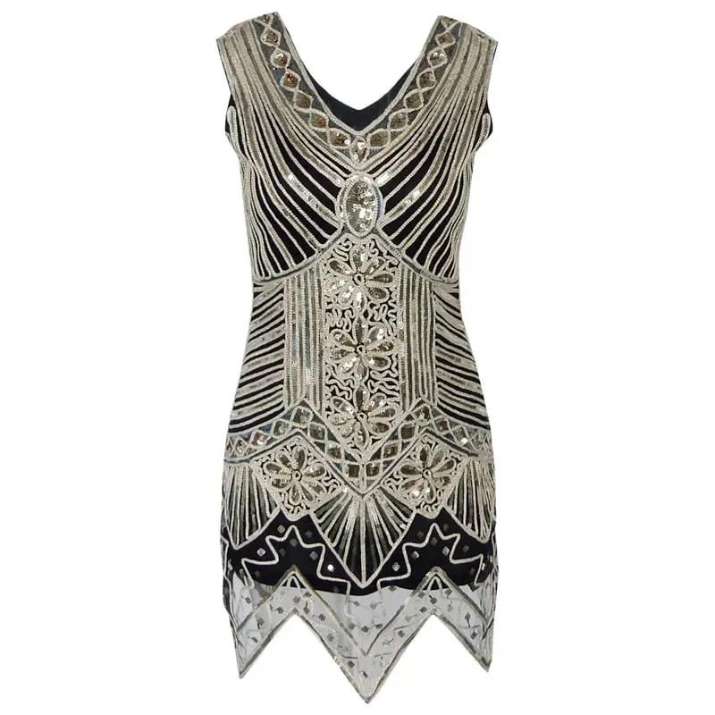 1920s Women's Sequin Triangle Hem Dress Sleeveless Gold Thread Embroidery Tassel Gatsby Party Dress — image 6