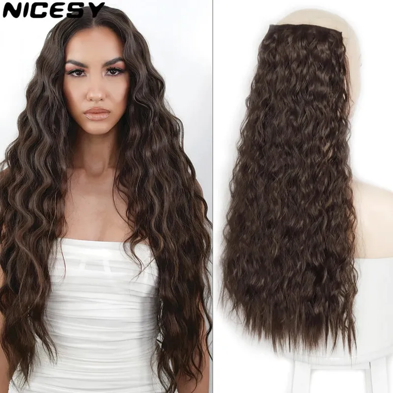 Synthetic 5 Clips Long Water Wave Clip In Hair Extensions Heat Resistant 22Inch One Piece Black Brown Hairpiece For Women — image 2