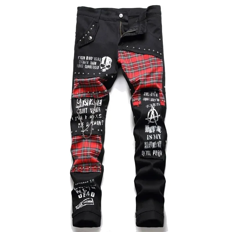 Men's Scotland Red Plaid Tartan Patchwork Jeans Punk Rivet Patch Black Denim Pants Skull Letters Printed Slim Straight Trousers — image 10