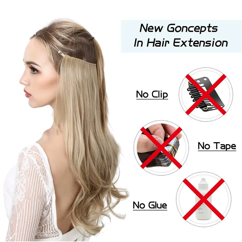 Synthetic Hair Extensions No Clips Fake Ombre Pink Blonde Brown Black Natural Wavy False Hair Piece For Woman — image 10