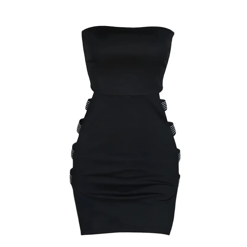 Sexy Lady Strapless Rhinestone Hollow Out Sheath Dress Women Sleeveless Solid Bodycon Mini Dress Nightclub Evening Party Dress