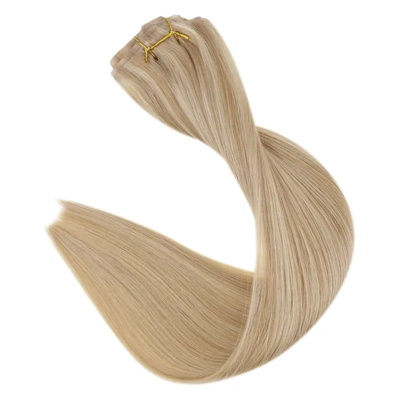 Full Shine Seamless Invisible Clip In Extensions Human Hair 8 Pcs 120g Remy Balayage Blonde Color