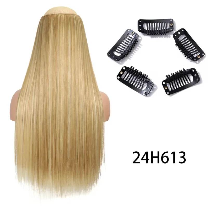 Synthetic Long Straight Clip In One Piece Hair Extension 5 Clips False Blonde Hair Brown Black Heat Resistant Fake Hair — image 14