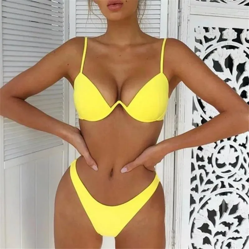 Women 2PCS Bikini Set Solid Color Wire Padded V-Shaped Back Buckle Bra Triangle High Waist Panty Summer Swimming Set Underwear — image 12