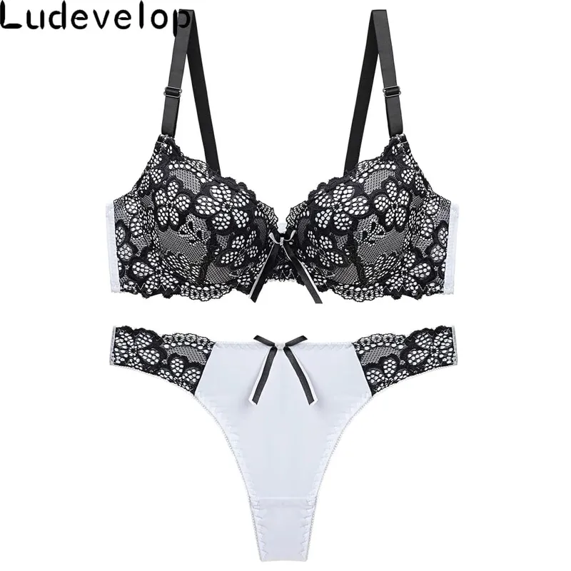 Good Quality Sexy Brassiere Embroidered Underwear Set ABC Cup Women Bra Set Push Up Lace Bra Thong Sets — image 2