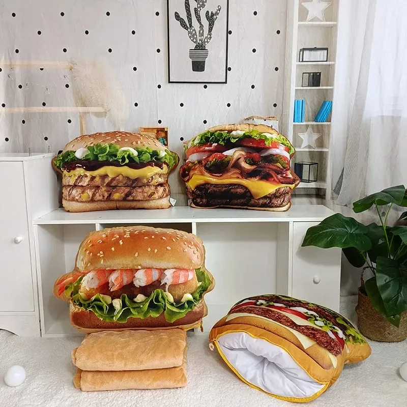 Travesseiro de hambúrguer de pelúcia realista, brinquedo de simulação, travesseiro de lance de hambúrguer de fast food com cobertor, almofada 2 em 1 — image 3