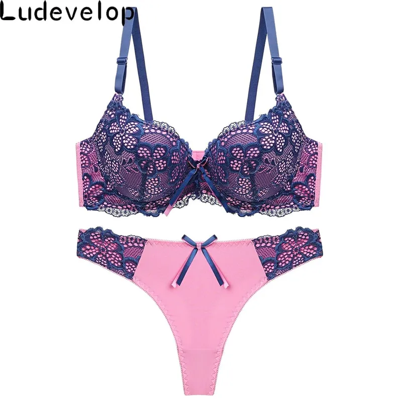 Good Quality Sexy Brassiere Embroidered Underwear Set ABC Cup Women Bra Set Push Up Lace Bra Thong Sets — image 10