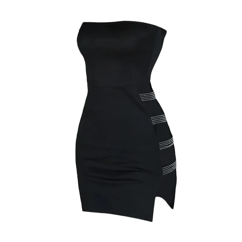 Sexy Lady Strapless Rhinestone Hollow Out Sheath Dress Women Sleeveless Solid Bodycon Mini Dress Nightclub Evening Party Dress