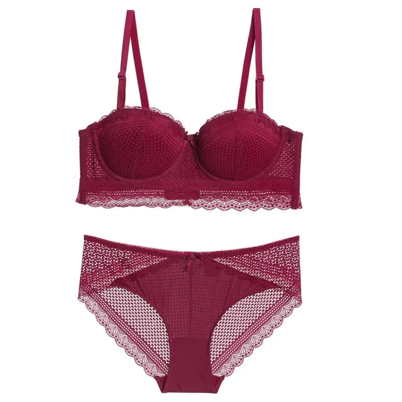 Sexy Hollow Out Lace Half Cup Push Up Bra with Removable Straps Broadside Strapless Bra and Panties Set Underwear Women Lingerie — image 3