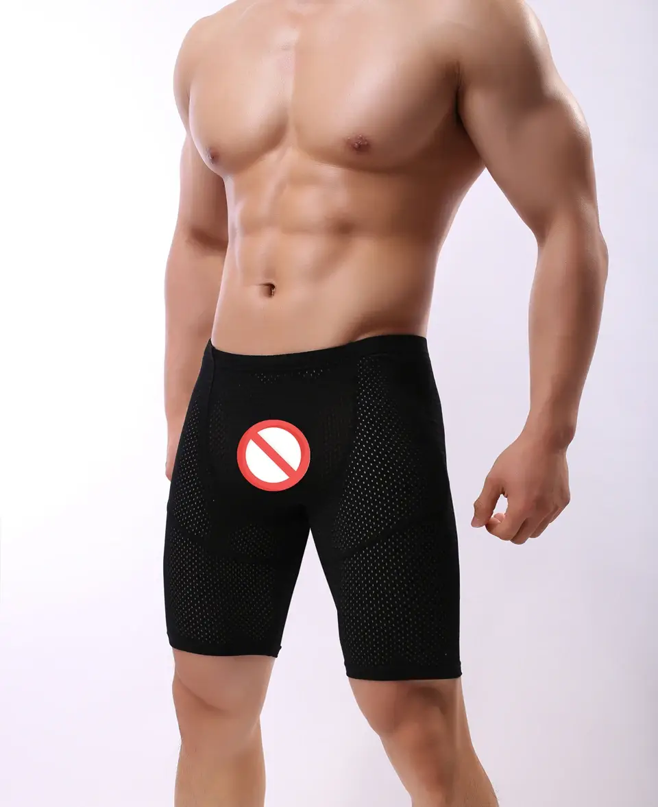Fitness długie męskie bokserki siatkowa oddychająca bielizna męska bokserki spodenki z długimi nogawkami seksowne majtki do biegania z etui — image 1