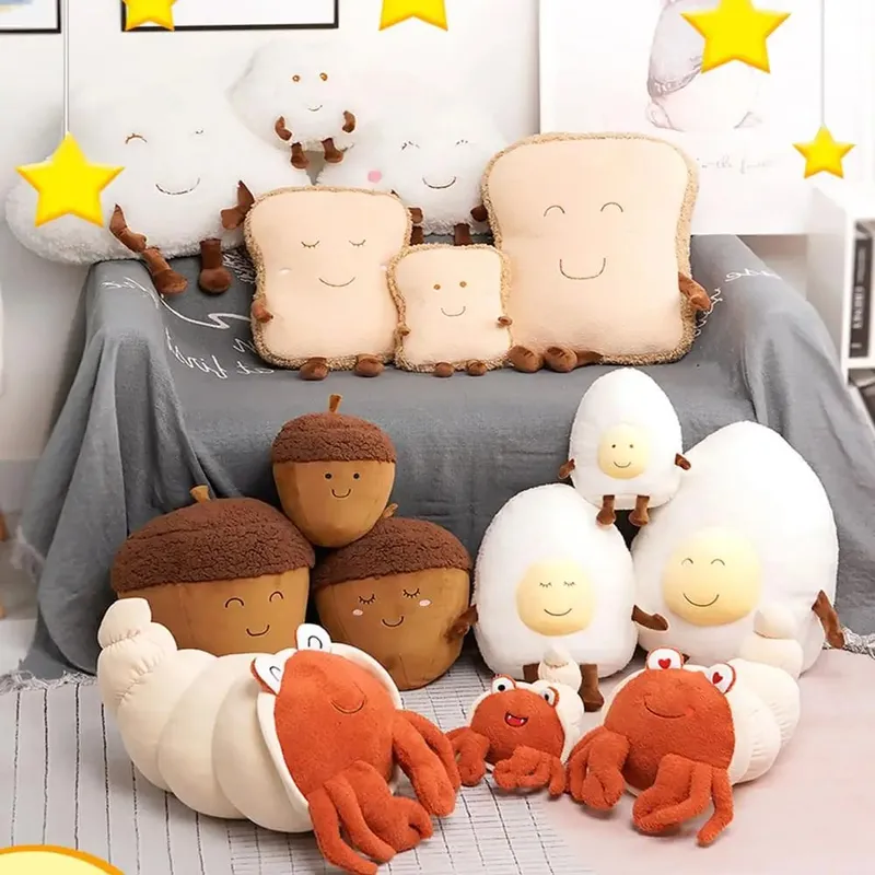 Cute Cloud Plush Pillow Stuffed Soft Creative Family Bread Poached Egg Chestnut Hermit Crab Toy Car Pillow Home Decor Kids Toys