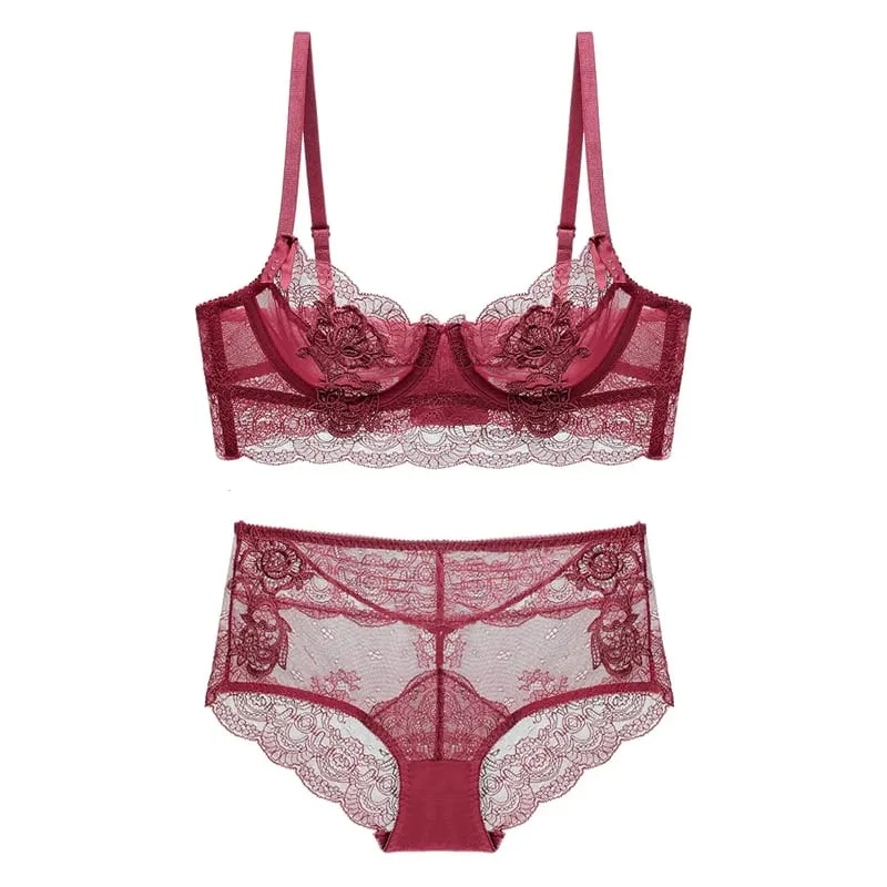 Pink Mesh Bra And Panty Sets For Women Plus Size C D Transparent No Padding See Through Underwire Floral Sexy Underwear Lingerie