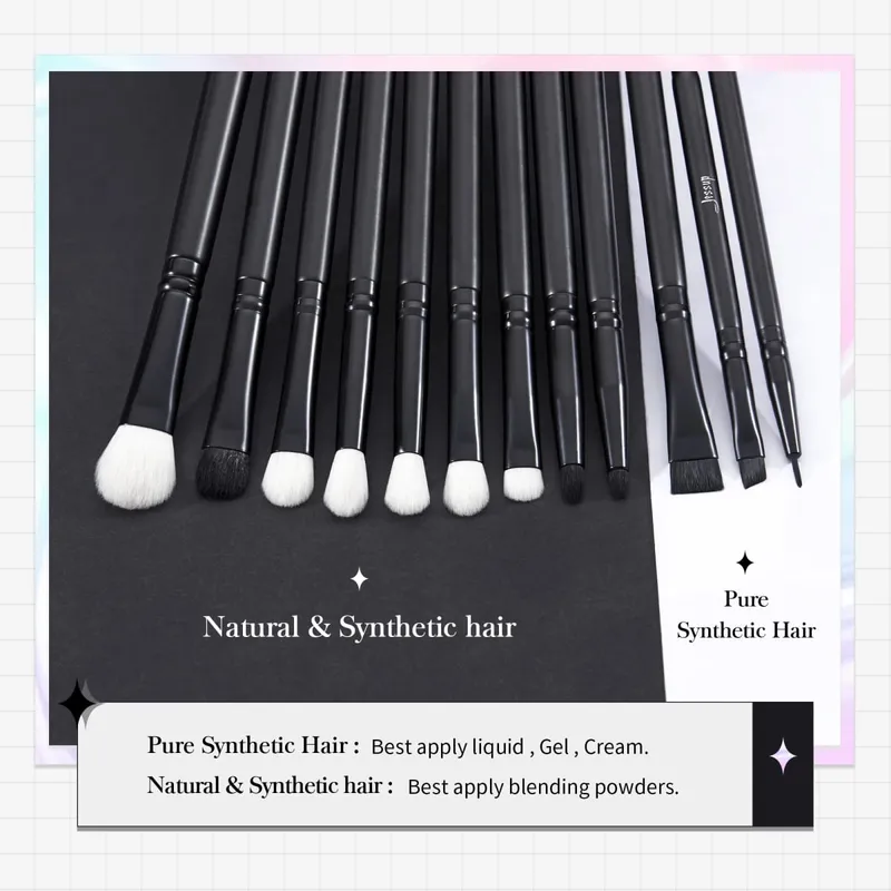 Jessup Eye Makeup Brushes Set Eyeshadow Brush Set Blending Eyeliner Eyebrow Eyelash Shadow Spoolie 12pcs Mixed Hair Black T322
