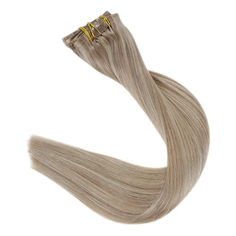 Full Shine Seamless Invisible Clip In Extensions Human Hair 8 Pcs 120g Remy Balayage Blonde Color