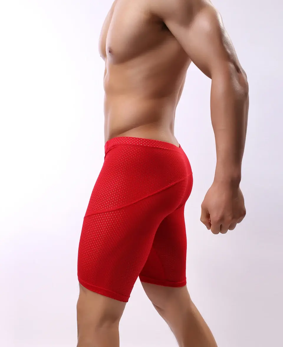 Fitness długie męskie bokserki siatkowa oddychająca bielizna męska bokserki spodenki z długimi nogawkami seksowne majtki do biegania z etui — image 14