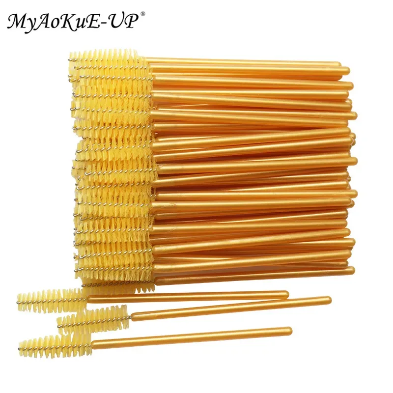 New Arrived 200pcs Golden Handle Yellow Brushes Nylon Disposable Mascara Wands Lashes Makeup Brushes Eyelash Extension