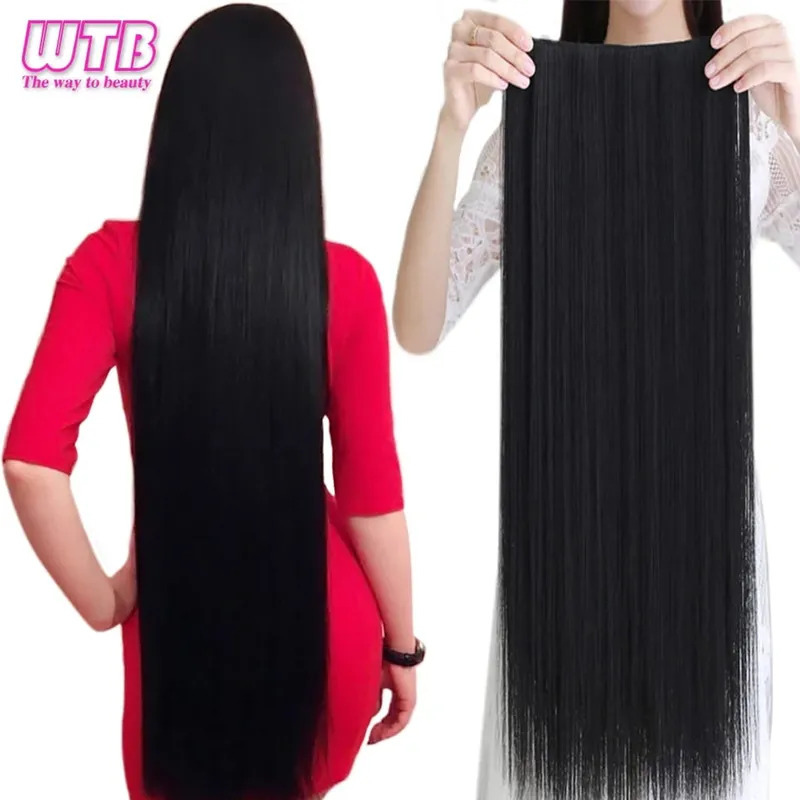 WTB Synthetic 100cm 5 Clip In Hair Extension Heat Resistant Long Straight Black Fake Hairpiece for Women Natural Fake Hair 5 Siz — image 2