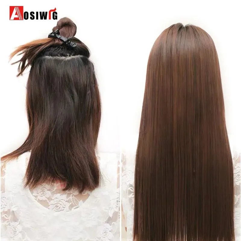 Apliques de cabelo falsos naturais longos e retos, preto, marrom, alta temperatura, sintético, 5 clipes em extensões de cabelo para mulheres