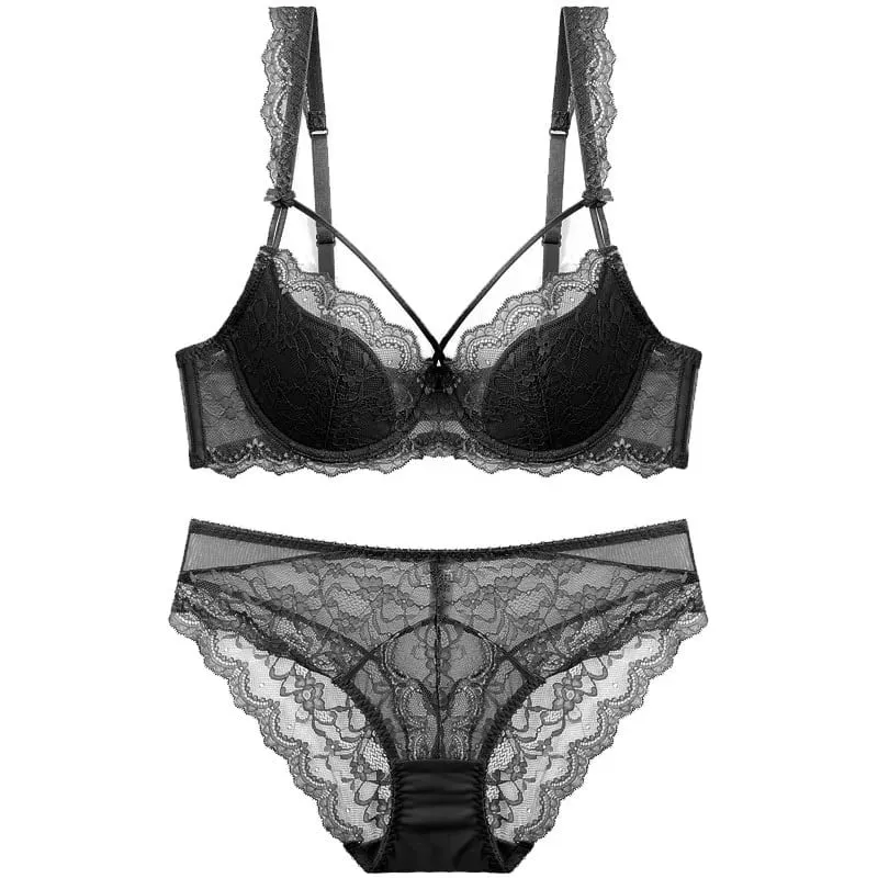 Thin Lined Plus Size Lace Bra and Panties Set Underwear with Bandage Women Push Up Lingerie A B C D E Cup 95C 95D
