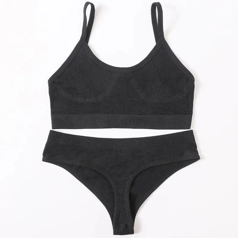 Women Seamless Bra And Panties Set U-Back Bralette Top Comfort Breathable Briefs Ribbed Sexy Lingerie Sports Underwear Set