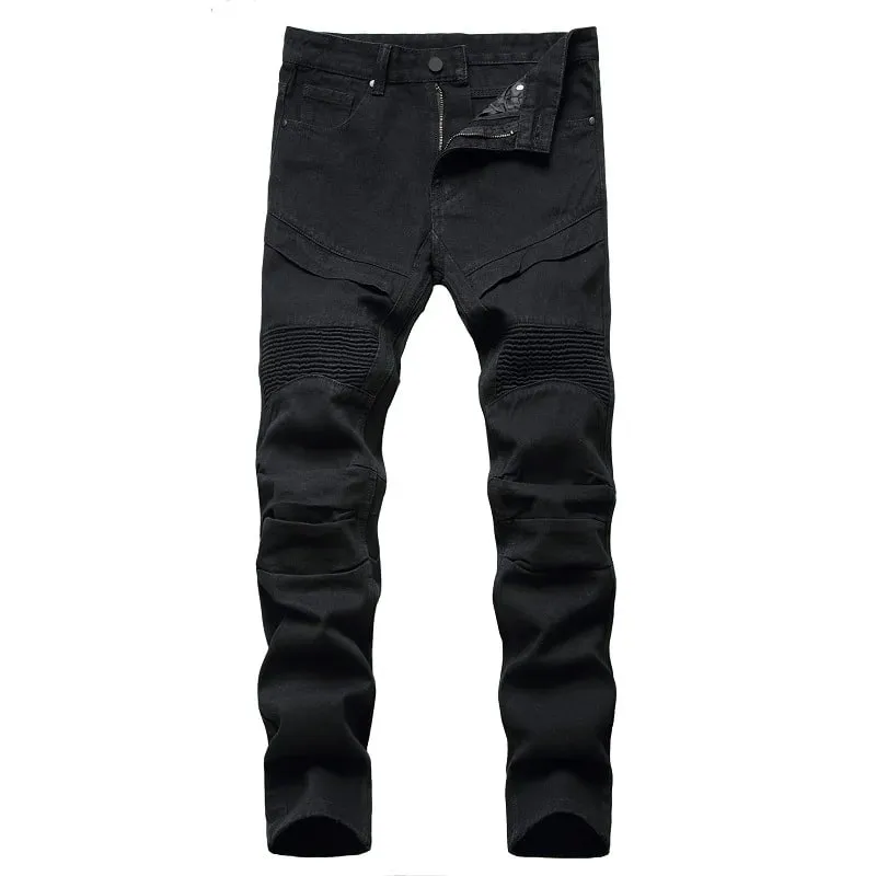 Men's Biker Jeans Black White Pleated Denim Pants Plus Size Slim Straight Classic Trousers
