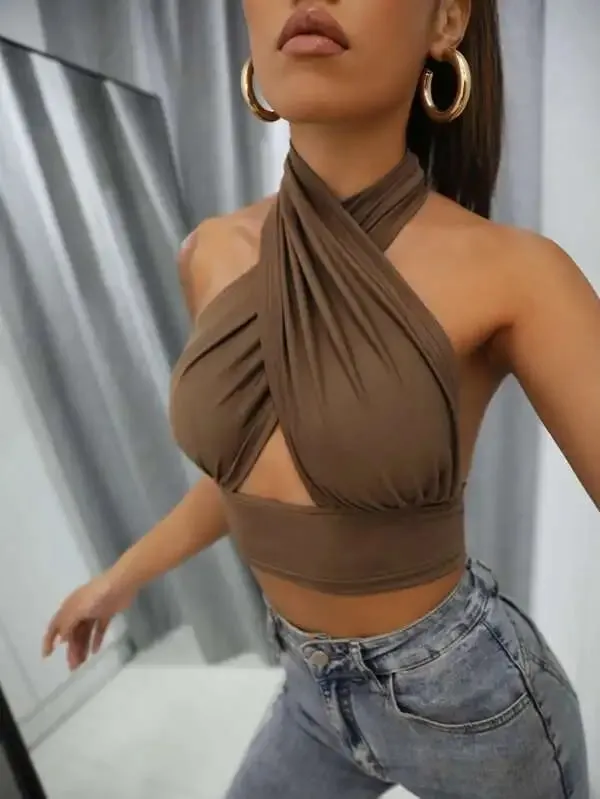 Women Summer Tank Tops Solid Cross Halter Camis Backless Crop Tops Female Camisole Cropped Top Slim Sleeveless Streetwear