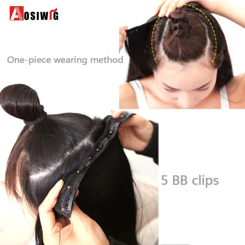 Apliques de cabelo falsos naturais longos e retos, preto, marrom, alta temperatura, sintético, 5 clipes em extensões de cabelo para mulheres
