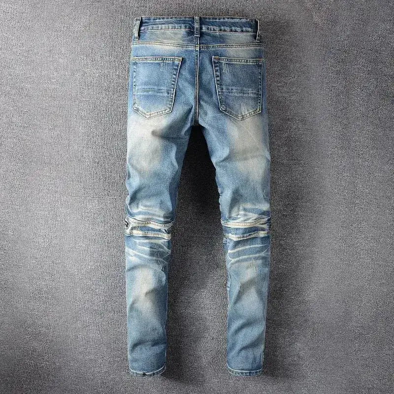 Sokotoo Men's PU Leather Patchwork Biker Jeans Zippers Retro Light Blue Stretch Denim Slim Pants — image 3