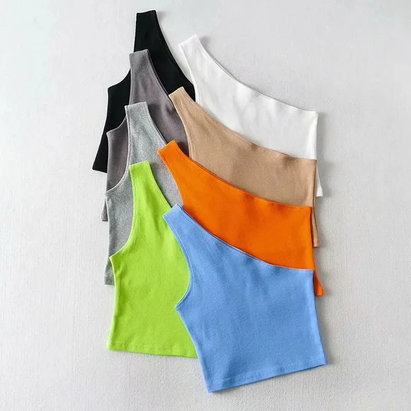 One Shoulder Cropped Tanks Top Women Summer Sleeveless Tanks Camis Sexy Oblique Collar Elastic Corset Slim Crop Tops Tube Lady — image 1