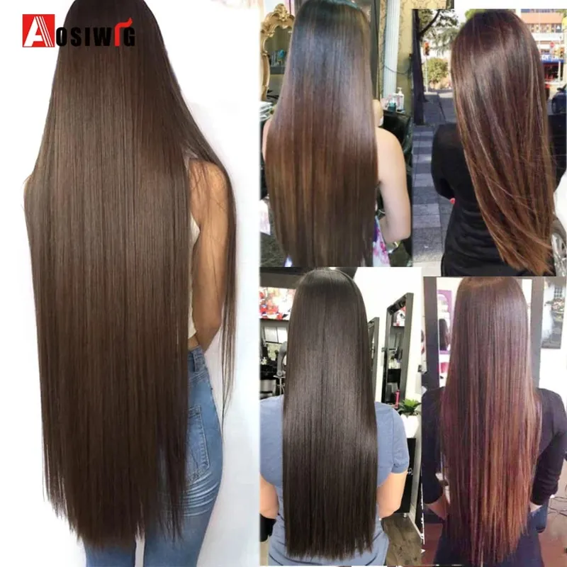 Apliques de cabelo falsos naturais longos e retos, preto, marrom, alta temperatura, sintético, 5 clipes em extensões de cabelo para mulheres