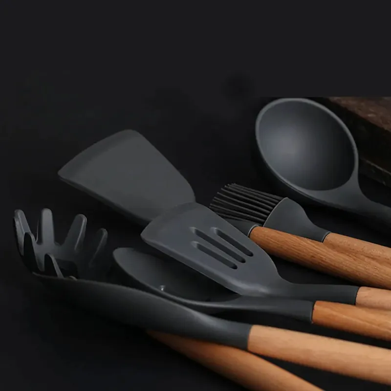Silicone World Cooking Kitchenware Tool Silicone Utensils With Wooden Multifunction Handle Non-Stick Spatula Spoon Brush — image 9