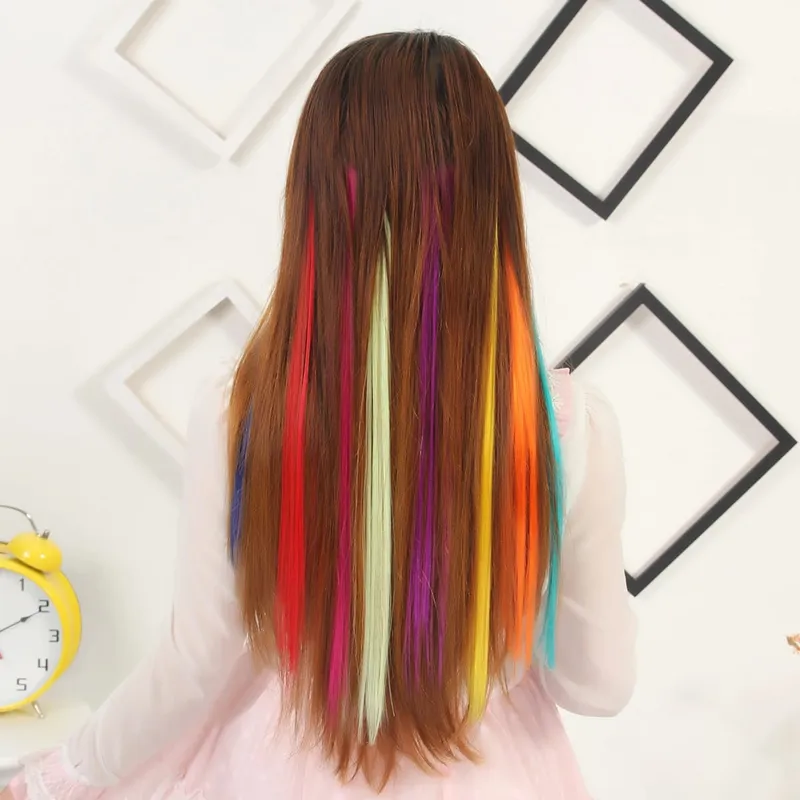Long Straight Color Hair Piece Hair Extensions Clip In Highlight Rainbow Hair Streak Pink Synthetic Hair Strands on Clips