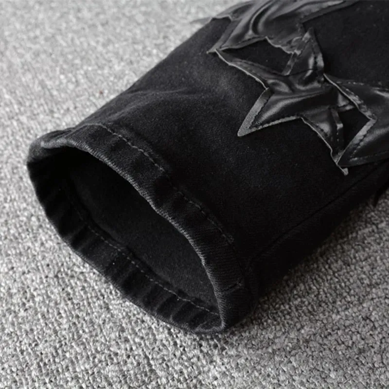 Men's Leather Stars Patch Jeans Black Stretch Denim Pencil Pants Slim Skinny Patchwork Trousers — image 6