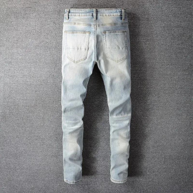 Men Crystal Holes Ripped Patchwork Jeans Streetwear Light Blue Denim Slim Skinny Pencil Pants Trousers — image 2