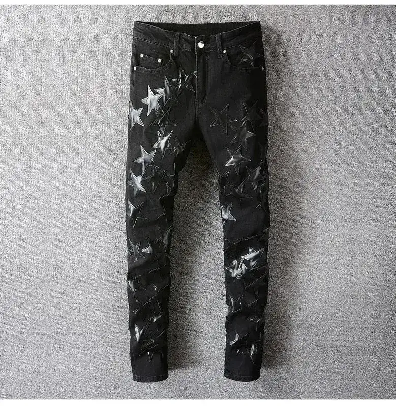 Men's Leather Stars Patch Jeans Black Stretch Denim Pencil Pants Slim Skinny Patchwork Trousers — image 10