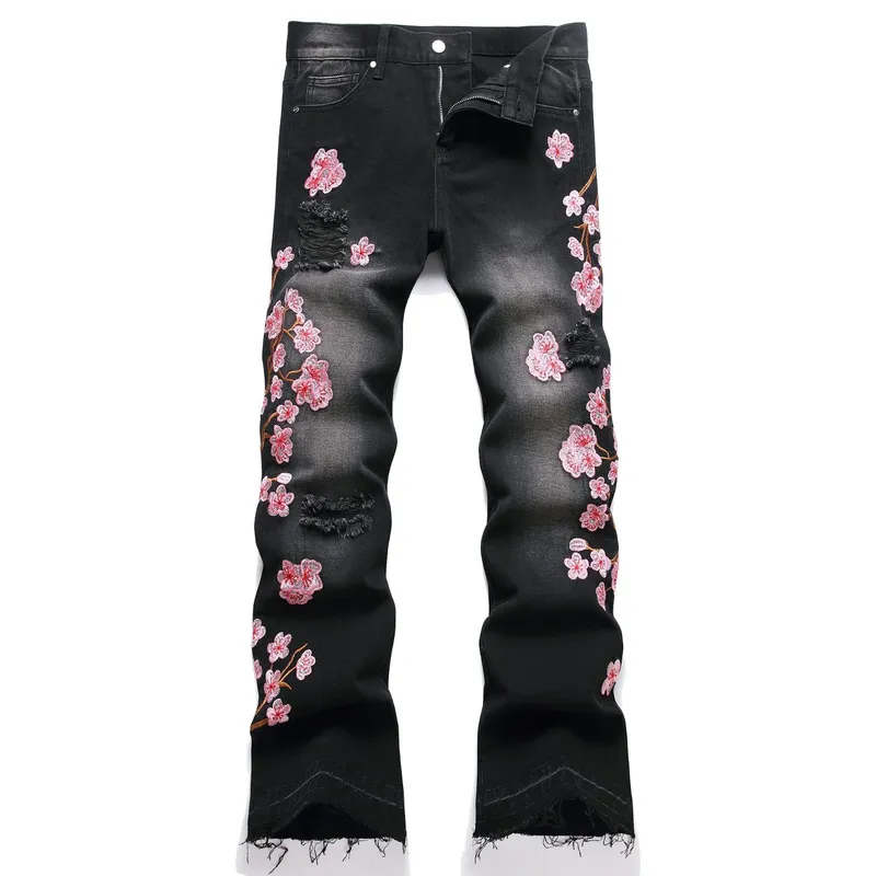 Men Straight Jean Denim Pants Jeans Loose Ankle Length Pant Pockets Casual Washed High Street Distressed Zipper Fly Spliced — image 8