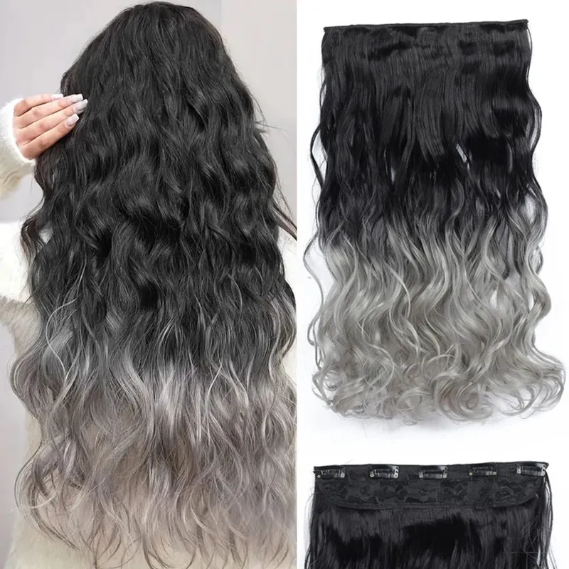 24 Inch Ombre Dip Dye Long Curly Clip in Hair Extensions Two Tone Thick Full Head Synthetic Hairpieces (Black to Dark Red)