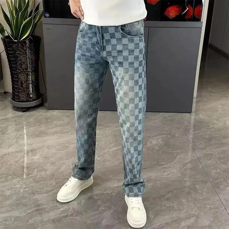 Spring Summer Checkered Jeans From Trendy Brand Versatile Men's Straight-leg high-end loose Casual Straight Stretch Pants