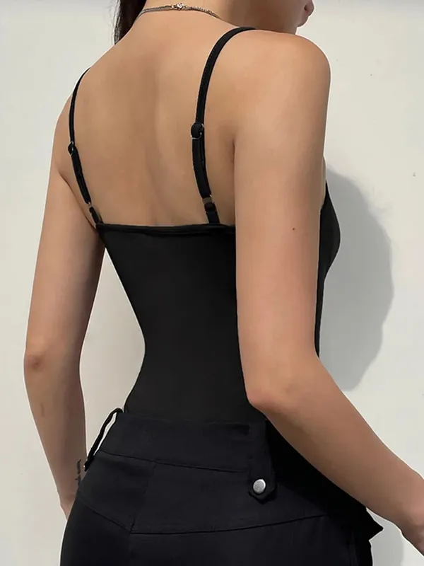 Sweetown Sleeveless Skinny Shirring Skinny Sexy Spaghetti Strap Bodysuit For Women Black Solid Simple Basic Vacation Camisole