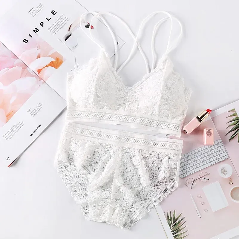 Lace Lingerie Set Cross Shoulder Strap Without Steel Ring Bra Women's Comfortable Support Underwear Fashionable Gathering Design