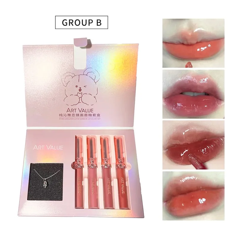 ART VALUE 4Pcs Lipgloss Liquid Lipstick Lasting Moisturizing Makeup Mirror Lip Glaze Set With Necklace Lip Tint Beauty Makeup