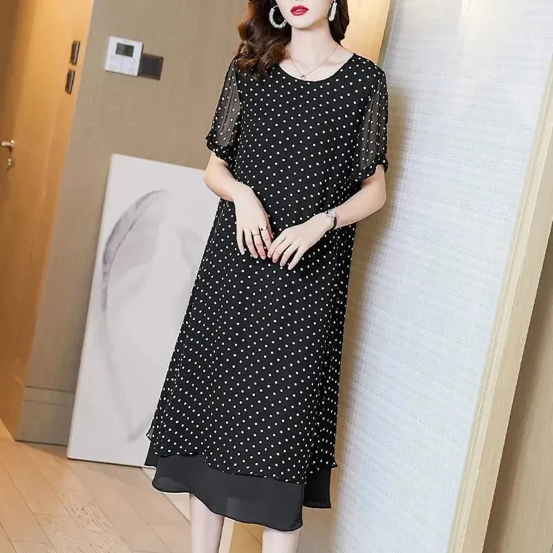 Summer Short Sleeves Covering Belly High End Chiffon Dress 2026 New Large Size Loose Dot French Style Long Dress Women Vestidos — image 2