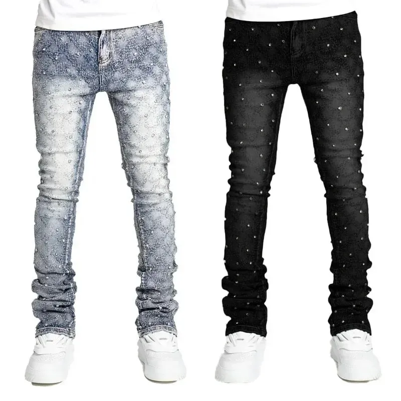 Personality Stacked Jeans for Men Slim Fit Stretchy Pearls Denim Laminated Pants for Men Fashion Straight Man's New Jeans — image 2