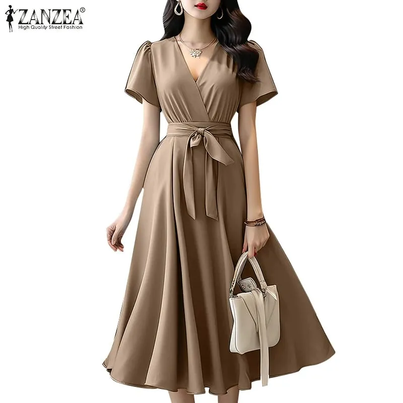 2024 Elegant Short Sleeve A-line Dresses Women Fashion Solid Color Holiday Belted Vestidos Casual V Neck Midi Sundress — image 8