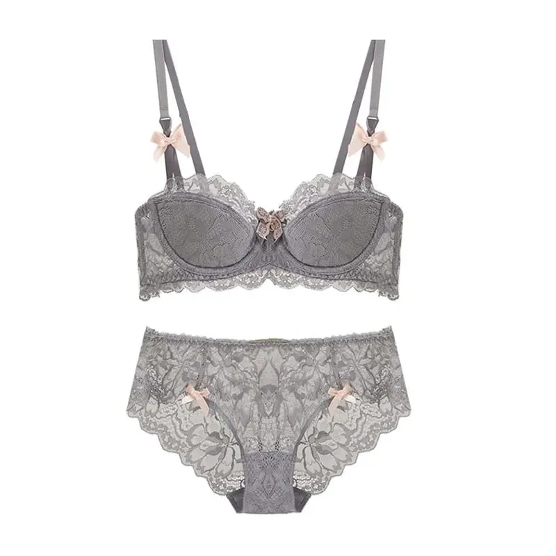 Modest French Pure Desire Bralette AB Cup Couverture complète Soutien-gorge en dentelle et ensemble Petit buste Push Up sans fil pour fille potelée Bow Grande taille — image 2