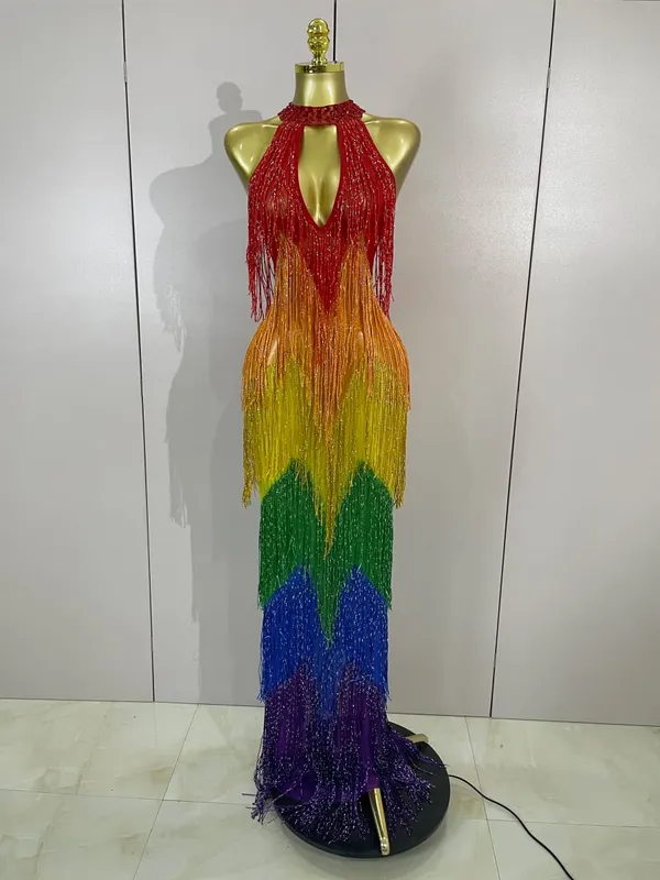 Abito lungo da donna con diamanti scintillanti, colore arcobaleno laureato, abito lungo da sera in rete sexy, festa di compleanno, abiti da club, servizio fotografico, costumi di scena