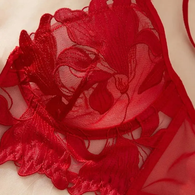 Feminino vermelho floral renda lingerie conjunto puro underwire copo fino sutiã combinando tanga calcinha sexy oco íntimos — image 5